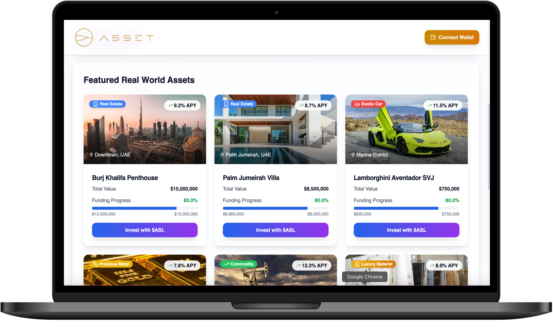 AssetLayer Marketplace Interface showing featured real world assets including Burj Khalifa Penthouse, Palm Jumeirah Villa, and Lamborghini Aventador SVJ with investment options displayed in MacBook Pro